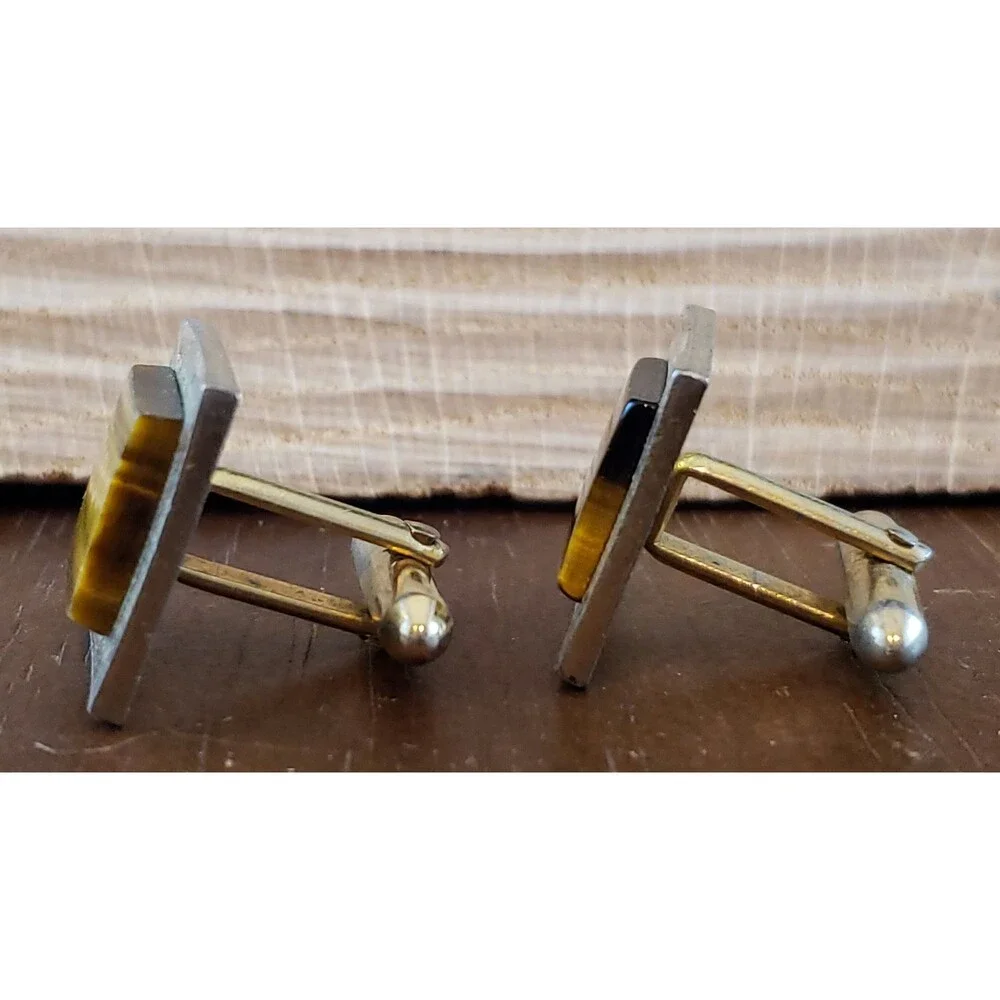 Vtg Swank Gold Brown Striations Stone Mounted, Gold Tone Metal Square Cuff Links